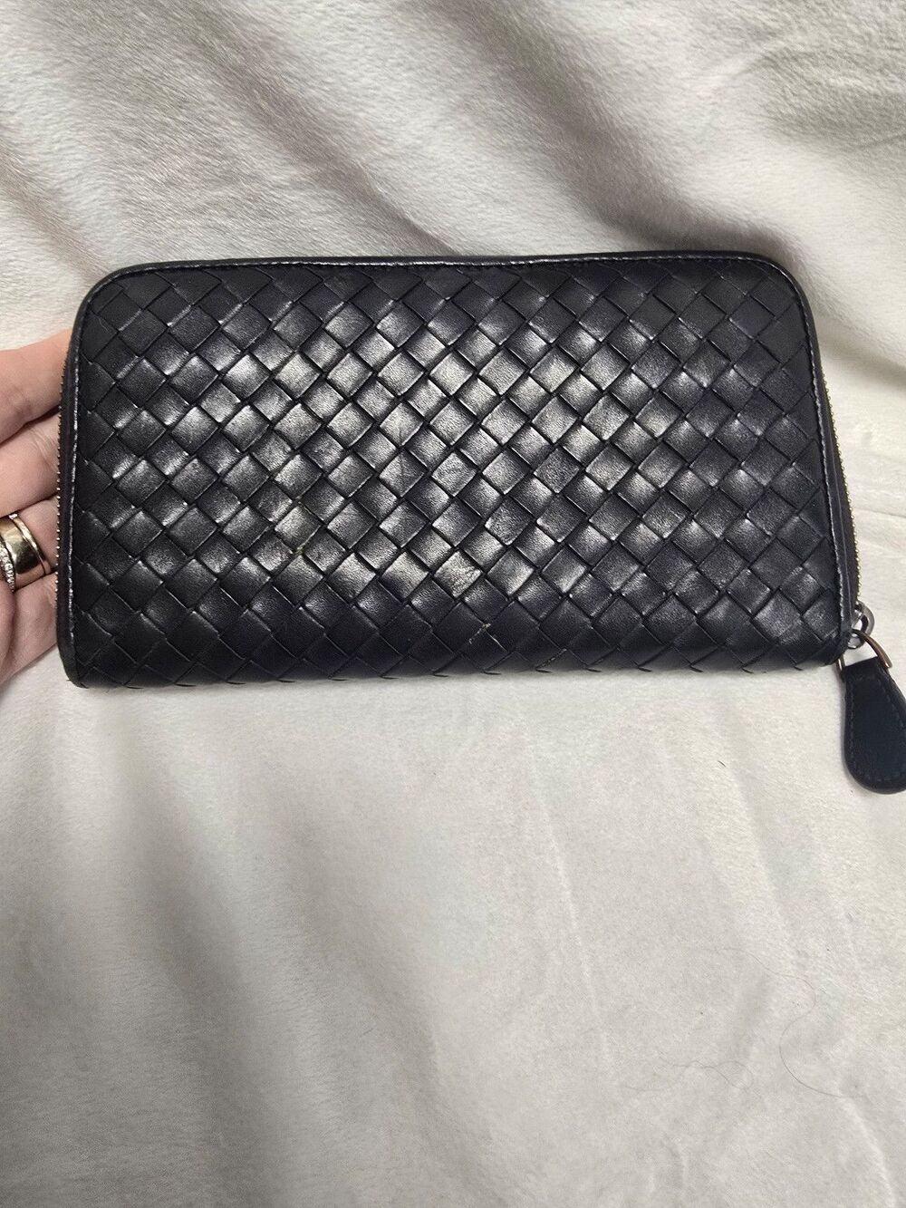 Bottega Veneta Black Intrecciato Woven Leather Zip Wallet Entrupy COA